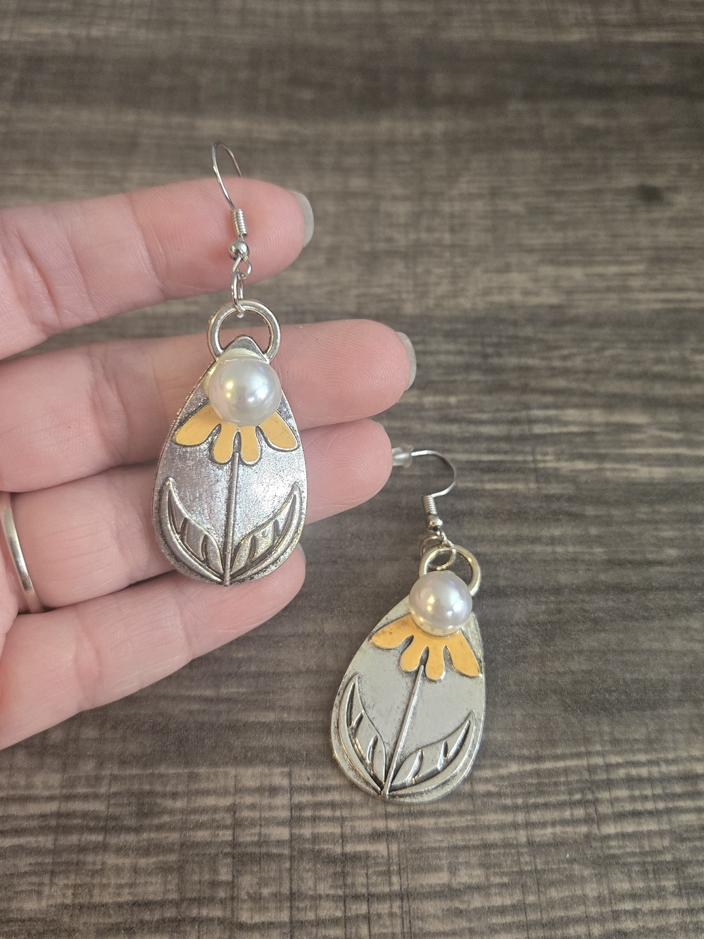 Handcrafted Silver-Tone Floral Drop Earrings with Pearl Accent - Yellow